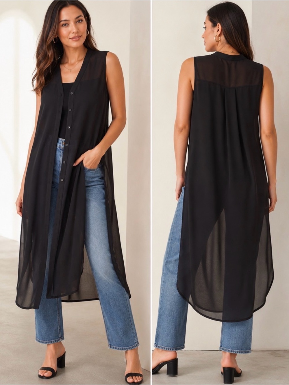 Women's Oversized Button-Front Sleeveless Shirt Sheer Panel - New